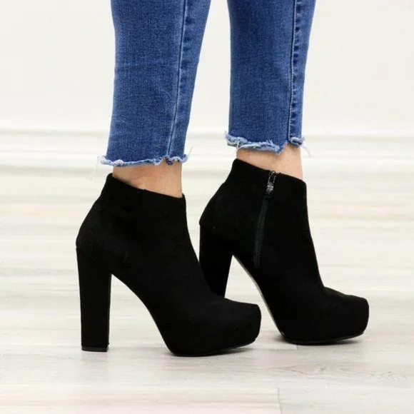 Platform Black Suede Ankle Heeled Booties - Picture 9 of 12